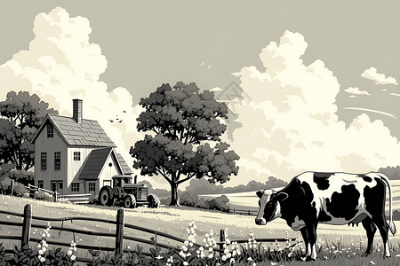 儿牙草地中的奶牛和房子插画