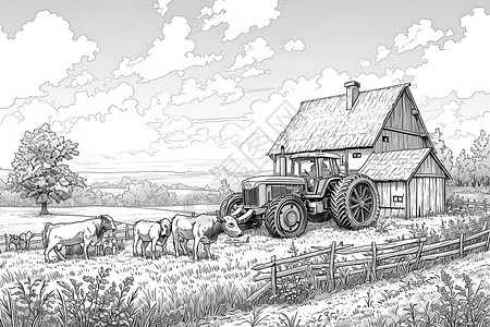 北欧牛田间的牛儿和木屋插画