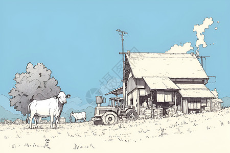 避难小屋田间的牛儿和房子插画