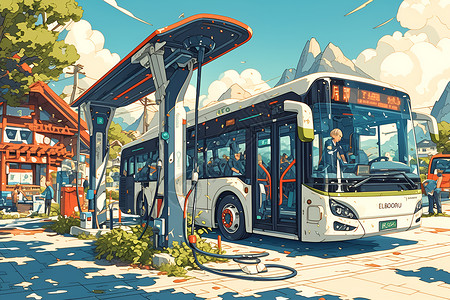 公交车车站电动公交车在车站充电插画