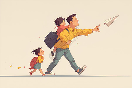 行走的女孩背着女儿的父亲插画