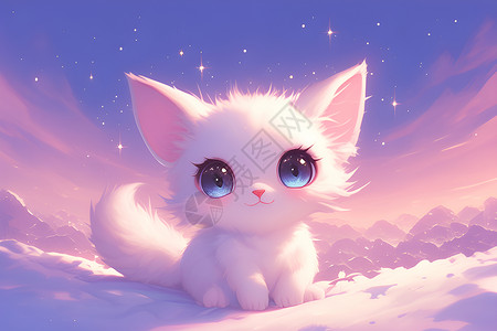 卡通小鱼钓小猫白色小猫与星空插画