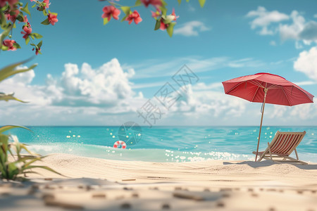 有伞必打毛笔字海滩上有把红伞插画