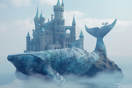 城堡和鲸鱼梦幻鲸鱼城堡插画