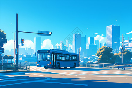 灰色楼房城市里的蓝色公交车插画