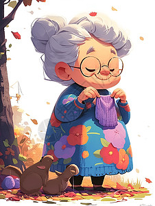 白发老人戴眼镜的老奶奶插画