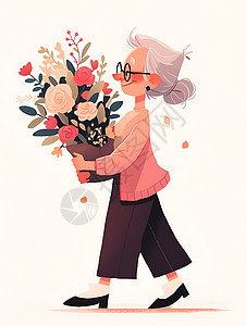 打伞的老奶奶奶奶手捧鲜花插画