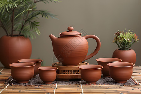 木桌上的陶土茶具背景
