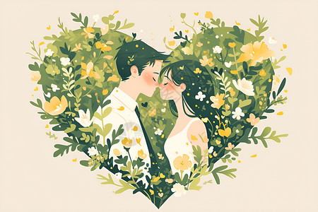 卡通心形玻璃瓶心形草丛里拥吻的情侣插画