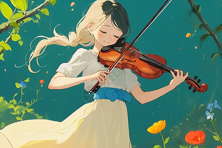 森林仙子花园中的小提琴仙子插画