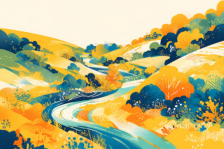 河流蜿蜒乡间蜿蜒流动的河流风景插画