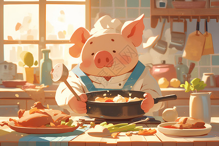 厨房美食厨房忙碌的小猪厨师插画