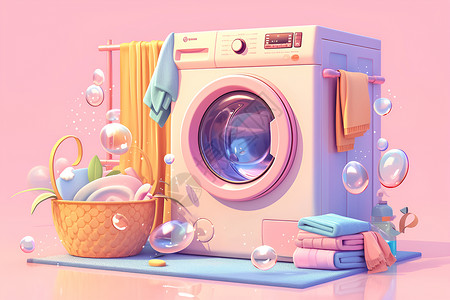 打开洗衣机欢乐的洗衣时光插画