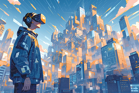 VR学习未来之城的虚拟现实者插画