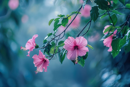 粉色花朵在树枝上生长高清图片