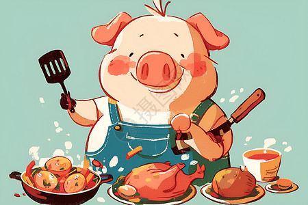 烹饪食物美食冒险的小猪插画