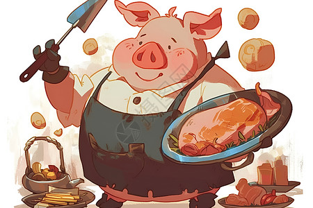 端盘子厨师小猪探索美食世界插画