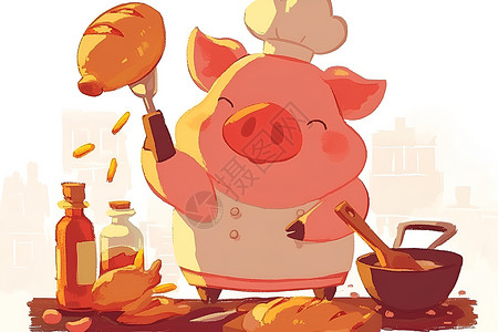 卡通小龙虾厨师家庭厨房里温馨氛围插画