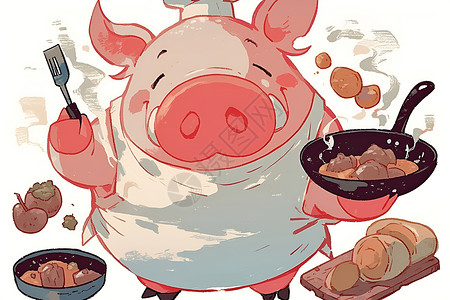猪猪套装猪猪大厨分享美食插画