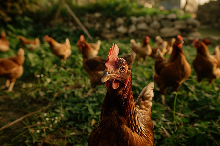 阳山鸡草地上的一群鸡背景