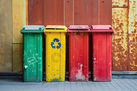 多彩垃圾桶排列在建筑物旁高清图片