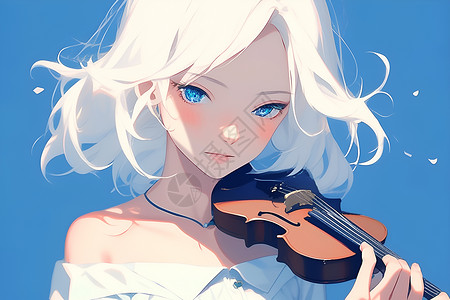 拉小提琴的女生白发蓝眼少女在拉小提琴插画