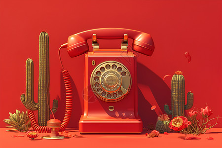 按键电话素材红色电话旁边有一颗小仙人掌插画