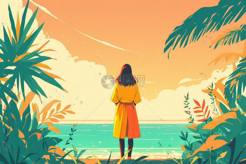 黄裙女子眺望海洋图片