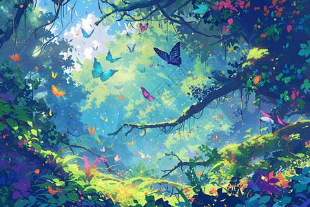 翠绿纷飞翠绿森林里的蝴蝶插画