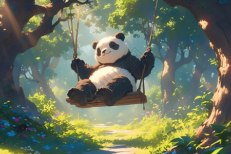 森林中的熊猫荡秋千图片素材