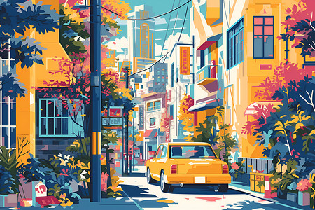 黄色的花盆城市街道上的黄色轿车插画