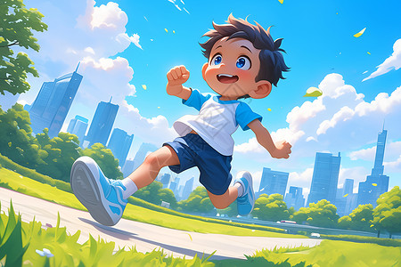 奔跑城市男孩在蓝天下快乐奔跑插画