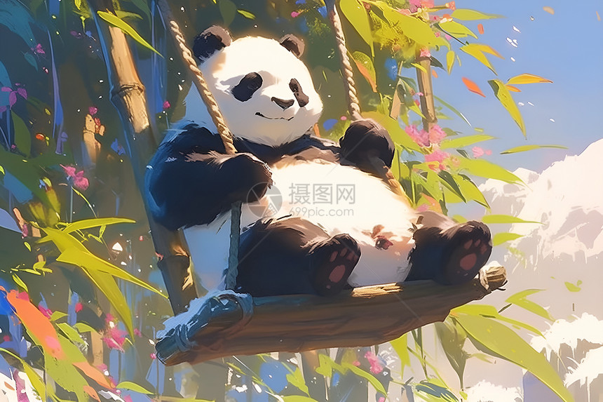 坐在秋千上的可爱熊猫图片