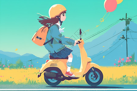 骑着仙鹤的女孩骑着电动车的少女插画