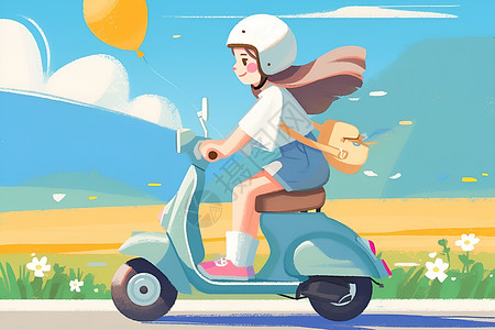 校道道路上骑着电动车的女孩插画
