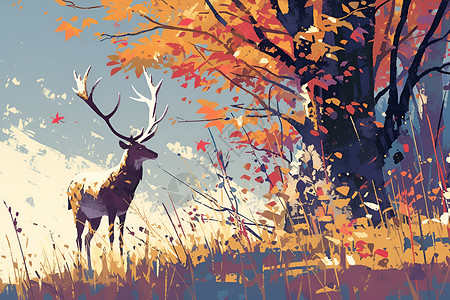 绘画的鹿和树木高清图片