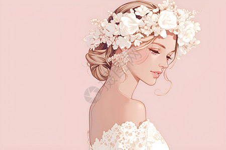 新娘微笑浪漫的新娘花环点缀插画