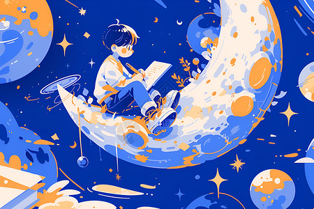 月亮上男孩月亮上看书的男孩插画