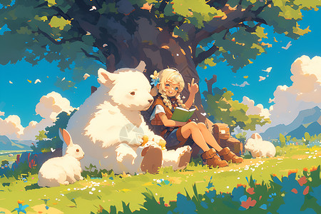 女孩靠着白熊坐在树下插画