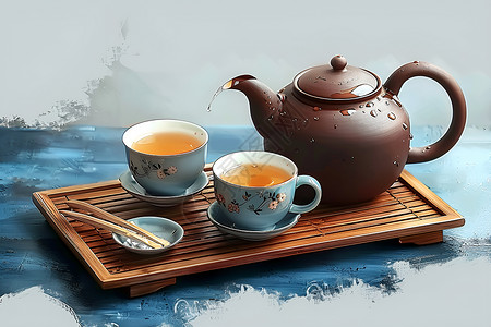 茶具摆拍清晨的茶香插画