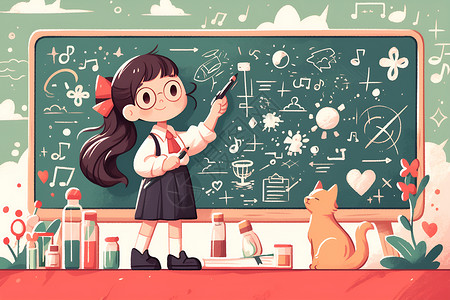 古书桌猫咪与女孩在黑板前插画