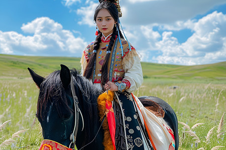 蒙古背景草原上的蒙古传统服饰少女背景