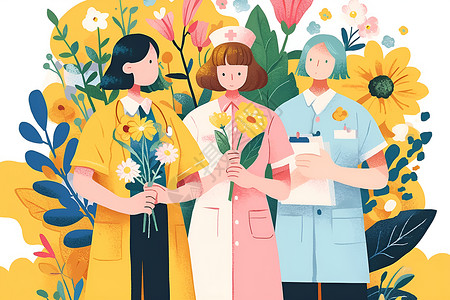 护士节促销鲜花背后的医护人员插画