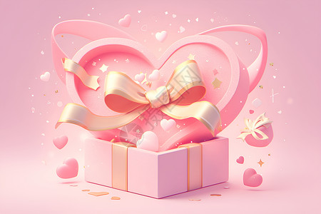 多彩情人节爱心粉色背景下的精美心形礼盒插画