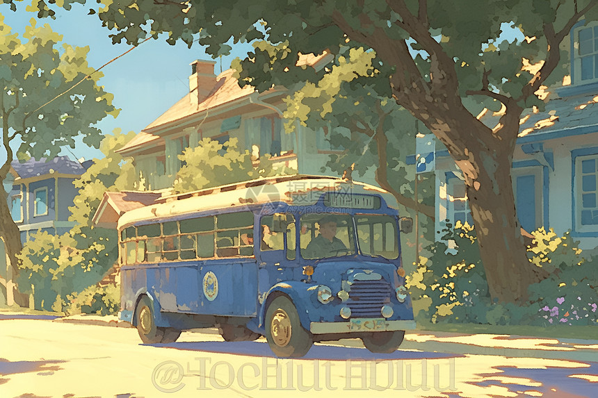 蓝色巴士行驶在路上图片