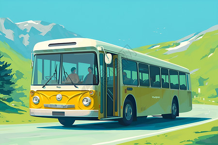 延伸公路山林间的黄色巴士插画
