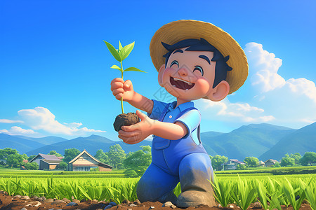 农田中的卡通男孩背景图片