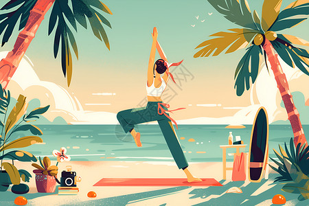 女性运动健身沙滩上练瑜伽的女人插画