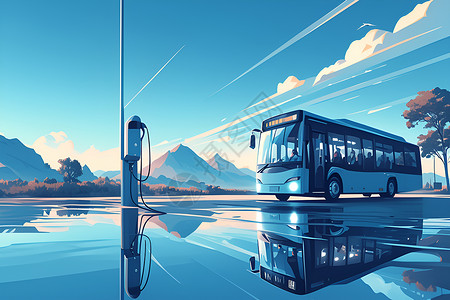 巴士侧面电动公交充电景象插画