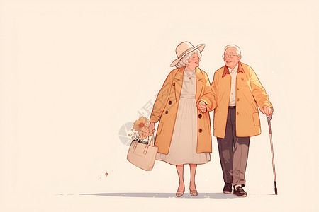 陪伴老人的重阳欢乐牵手的老夫妻插画